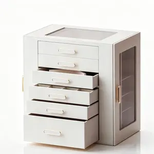 BOOVO 6-Layer Jewelry Box with Clear Top & Transparent Double-Sided Doors, Large-Capacity PU Leather Jewelry Organizer, See-Through Jewelry Chest for Necklaces & Rings