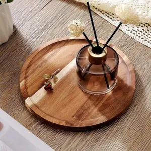 Candle Holder Tray Home Decor, Round Wooden Tray for Coffee Table, Small Wood Decorative Tray, Perfect for Living Room and Bedroom