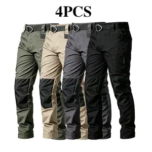 4-piece set of men's tactical work pants with adjustable waistband and multiple pockets. Featured with knee protection design and made of 230g fabric, they are ideal for spring, summer wear and outdoor activities.