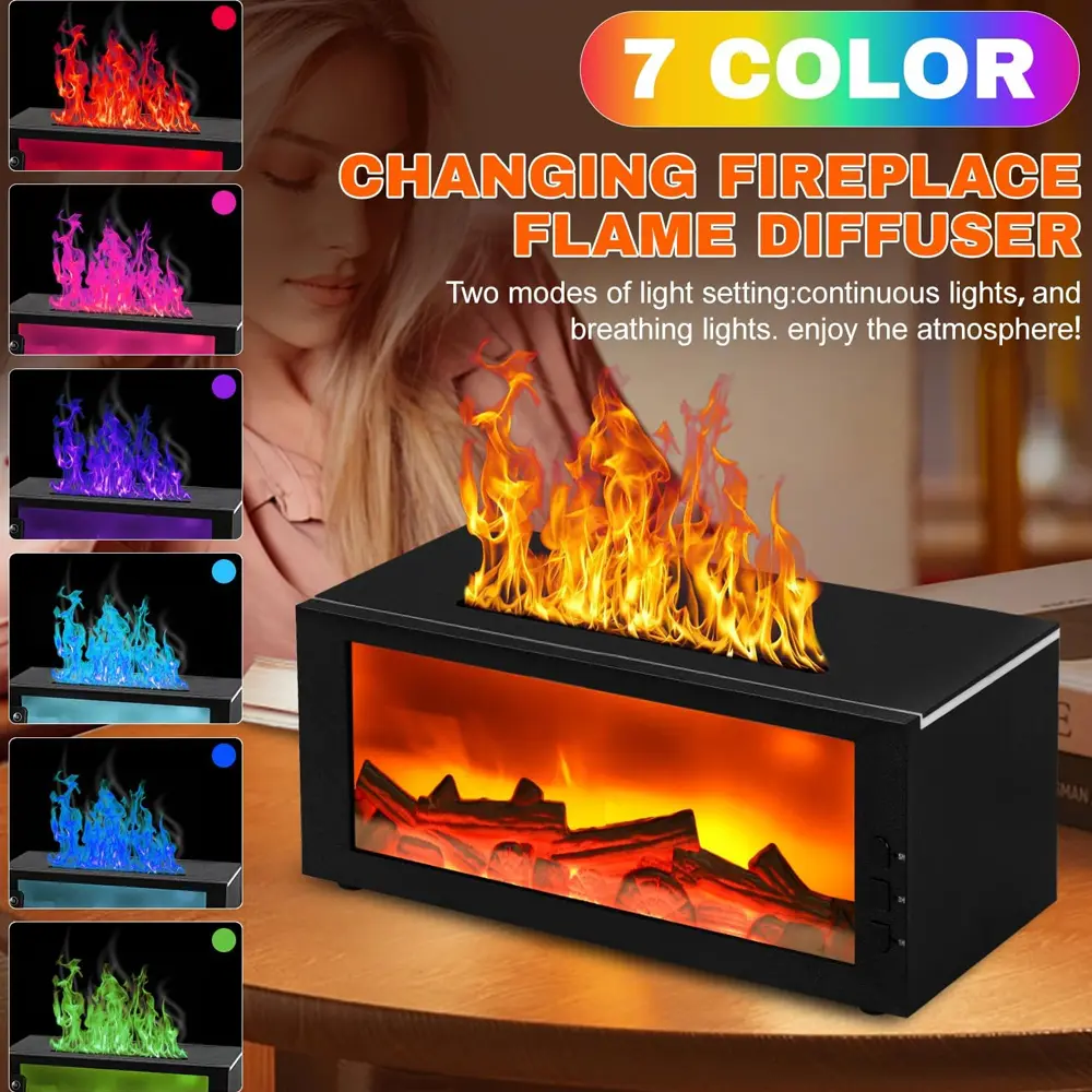 Colorful Flame Cool Mist Aroma Diffuser Humidifier - 300ml Portable Ultrasonic Sleep Optimize Waterless Diffuser Humidifier with Auto-Off, Timer, Remote Control, Realistic Fire Effect for Bedroom, Home Gift (3 Oils Included), Cool Mist Humidifier