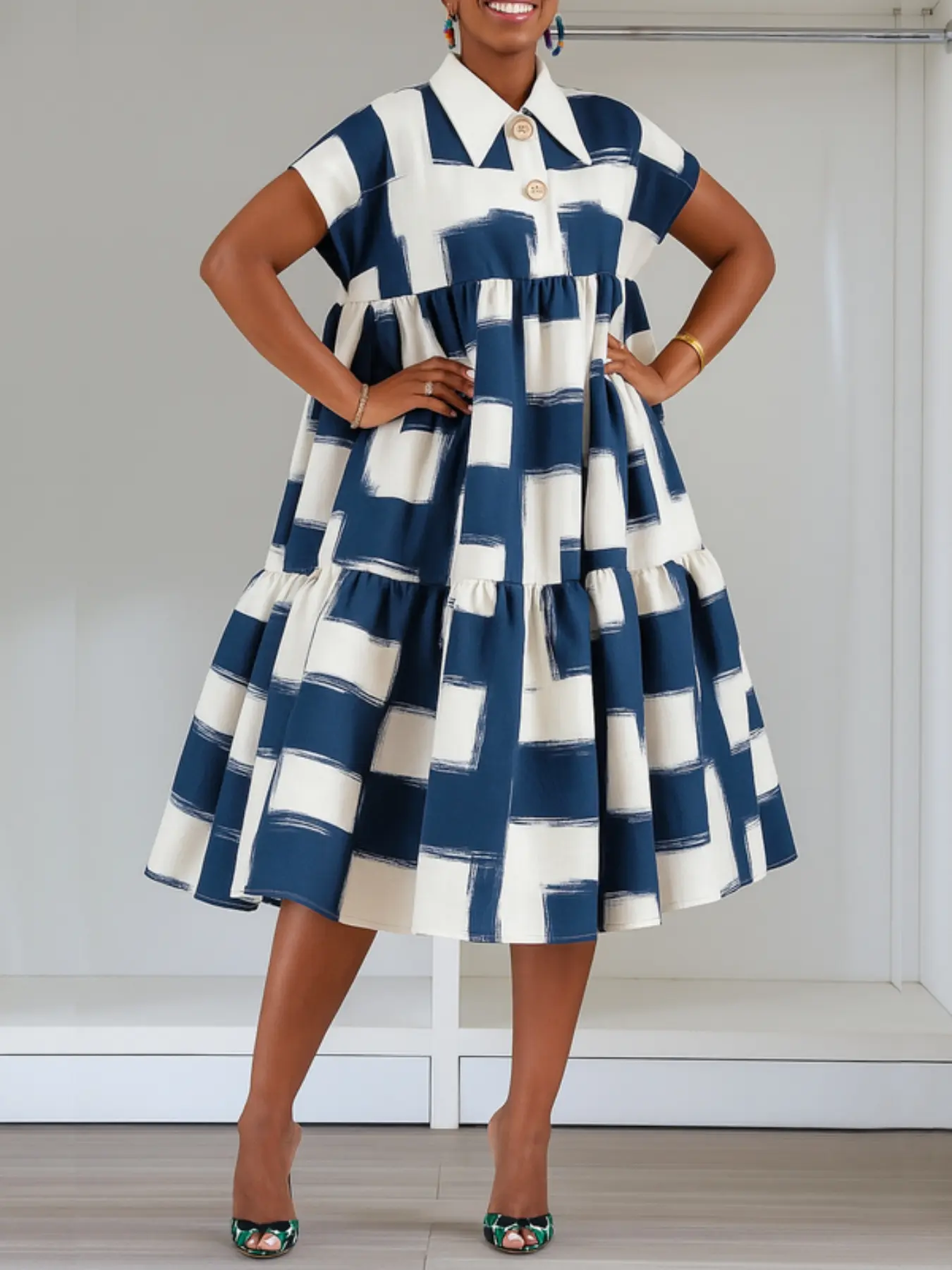 Women's A-Line High-Waisted Button Front Colorblock Collared Lapel Long Casual Classy Dress, Elegant Casual Wear Aesthetic Fashion Womenswear for Spring & Fall