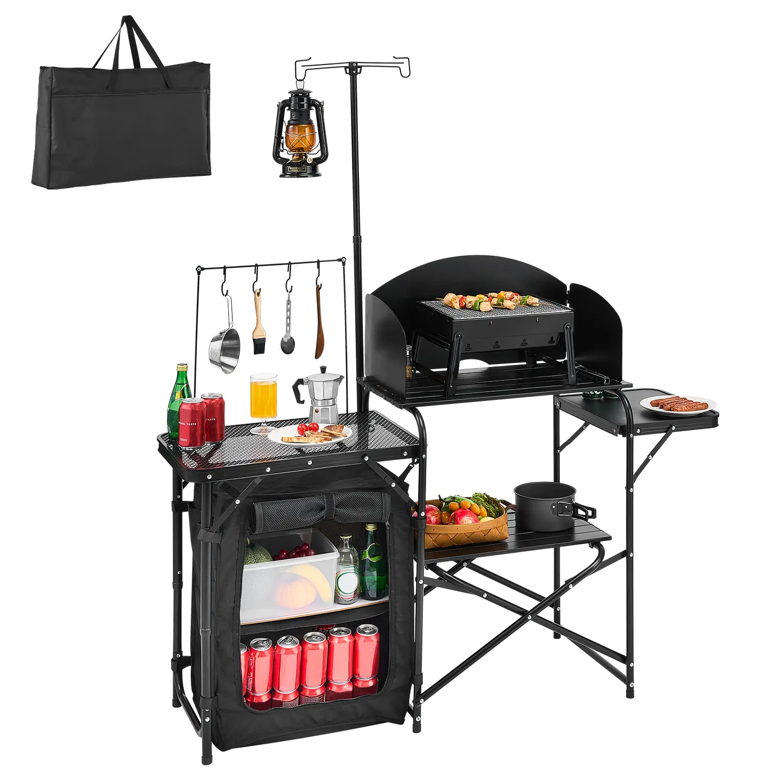 VEVOR Camping Kitchen Table,  Outdoor Camp Cooking Table, Aluminum Portable Cook Station with Storage Cupboard, Carrying Bag, Detachable Windscreen, Quick Set-up for BBQ Party Picnic RV Travel, Black