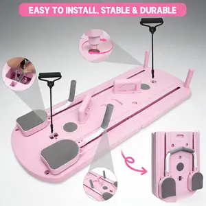 8-in-1 Foldable Pink Pilates Reformer Set, Full-Body Home Balance Training Equipment with Timer, Gym Floor Mat, Adjustable Handle Straps, Compact PR Elbow Wraps