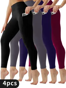 4 Pack High Waist Solid Color Five-Pack Leggings with Pockets - Simple and Stylish for Casual and Sportswear Tights Womenswear