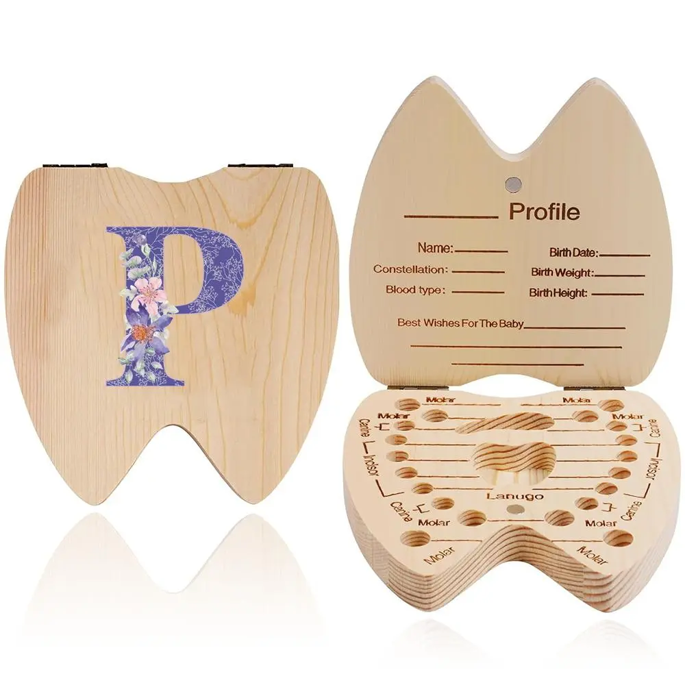 Wooden Baby Tooth Box, 1 Count Flower & Initial Pattern Milk Teeth Organizer, Newborn Deciduous Teeth Storage Box, Gift for New Parents
