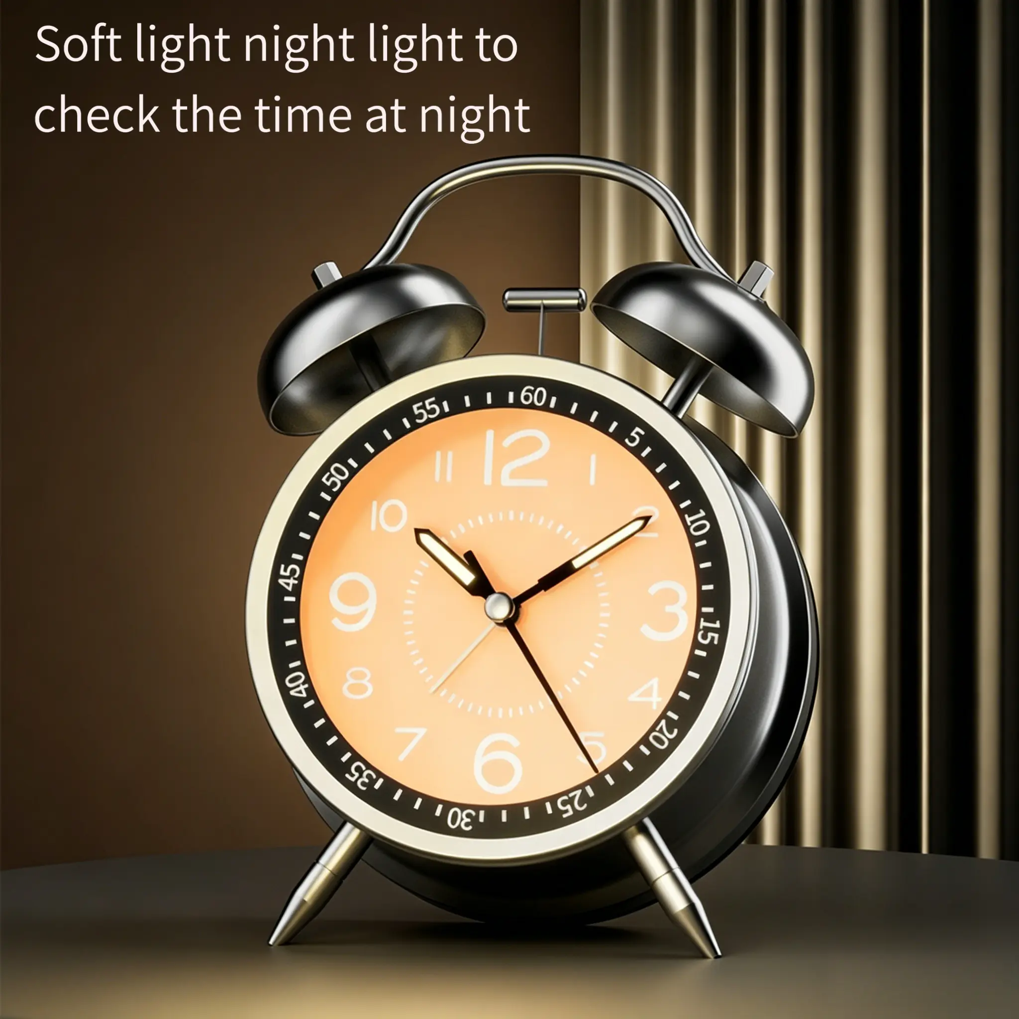 Metal Twin Bell Analog Mechanical Alarm Clock - Silent Non-Ticking Desk Clock with Night Light, Home Decor for Students, Home Use, Analog Clock