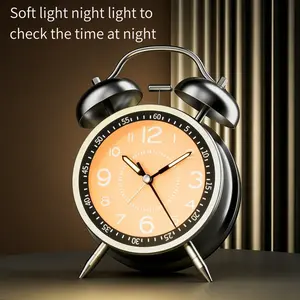 Metal Twin Bell Analog Mechanical Alarm Clock - Silent Non-Ticking Desk Clock with Night Light, Home Decor for Students, Home Use, Analog Clock