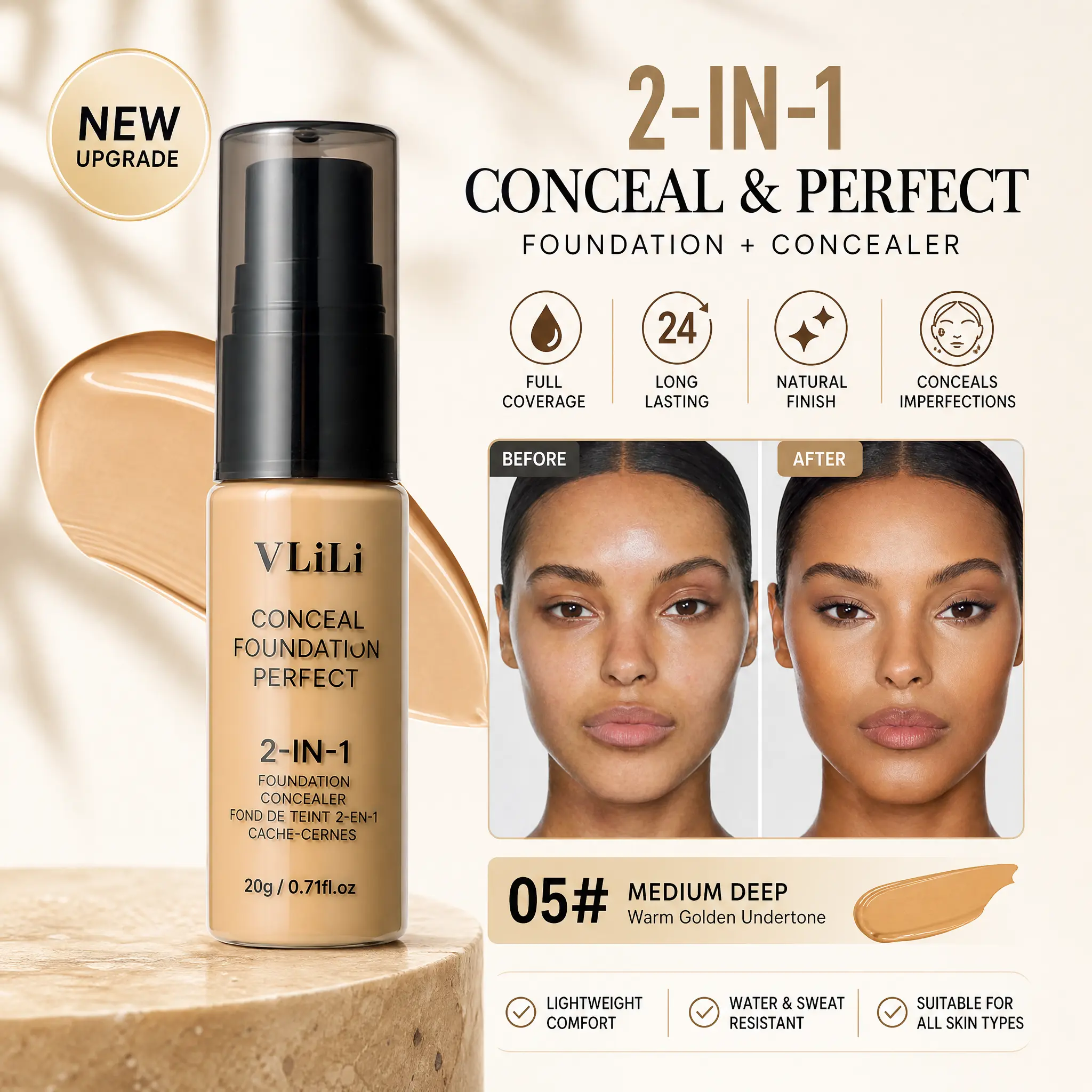 Viral 2 In 1 Foundation & Concealer Cream, Long Lasting Waterproof Base Makeup, Cover Acne Marks & Dark Circles, Natural Blendable Face Base Cosmetic resistant maquillaje