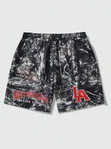 Men's Letter Print Shorts, Regular Fit Casual Comfy Breathable Deer Camo Shorts for Daily Wear, Mens Shorts for Summer