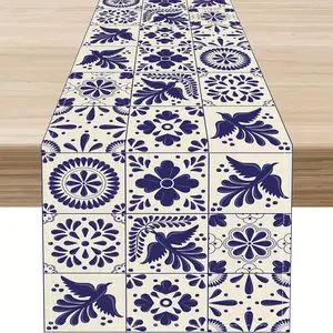 1pc, Mexican Ceramic Tile Table Runner - Blue And White Floral Pattern, Perfect For Parties, Indoor/Outdoor Dining Decor, Mexican Party Decoration