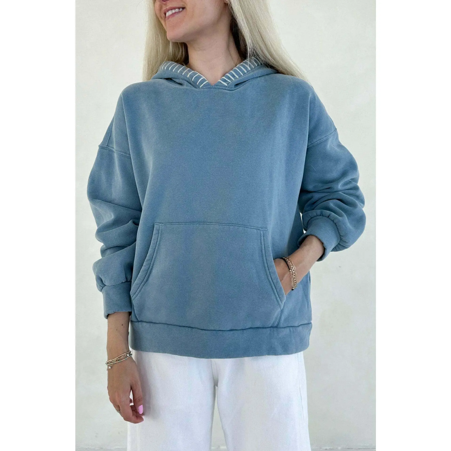 Emma Vintage Washed Embroidered Fleece Hoodie - Lightweight Denim Color with Kangaroo Pocket & Embroidered Stitching Details