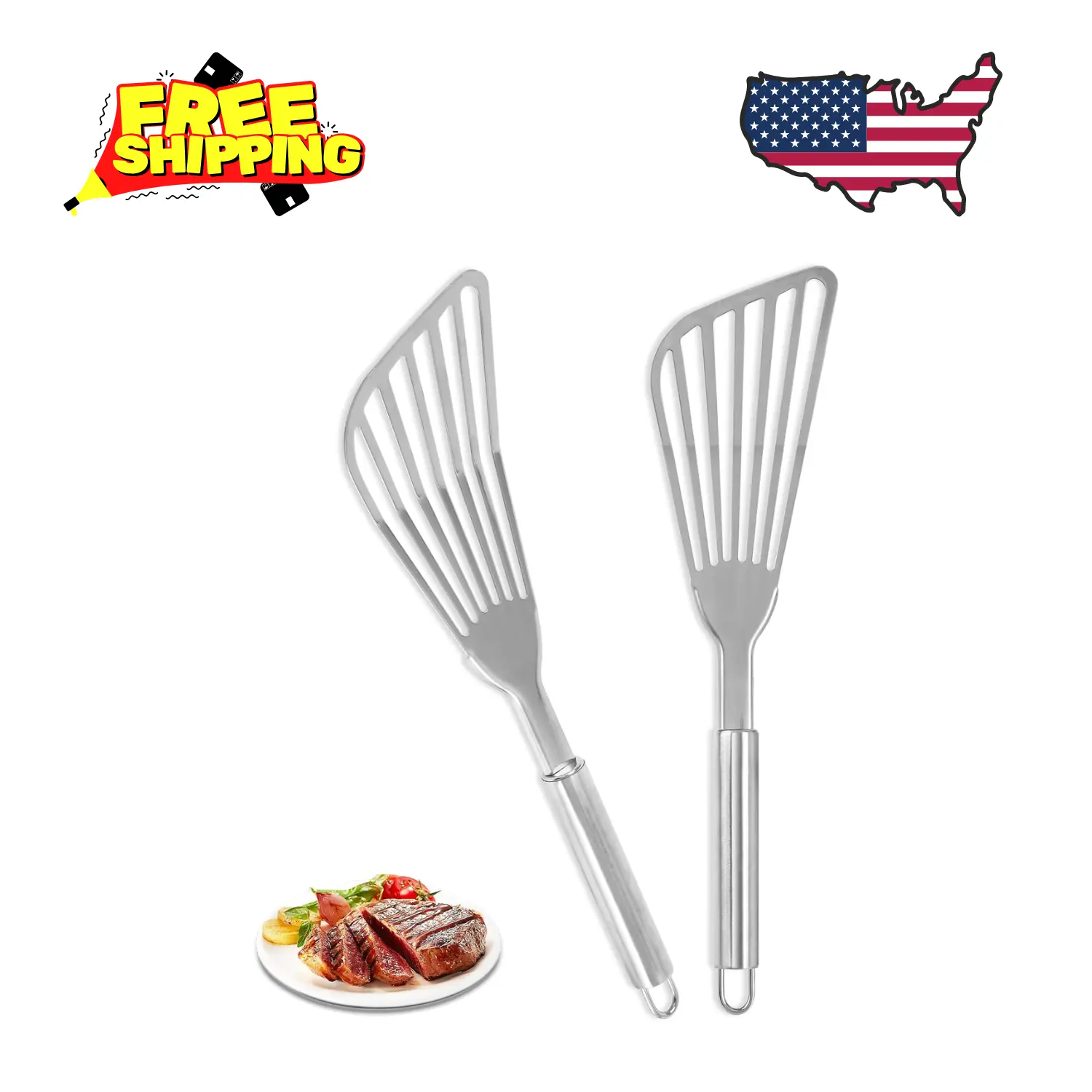 2Pack Fish Spatula Stainless Steel, Flexible Barbecue Turner