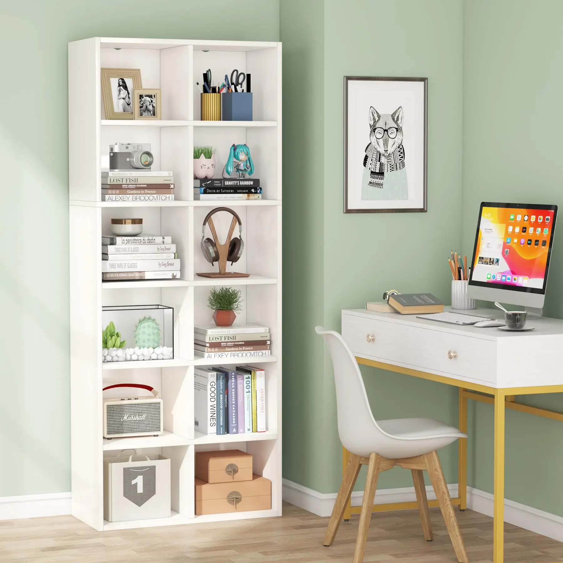 TRIBEWOOD Sturdy 71.65 in Tall Narrow 12-Cube Cubby Shelf, White Modern Space-Saving Storage Unit for Home Office, 2-Way Install (Vertical or Horizontal) for Max Utility