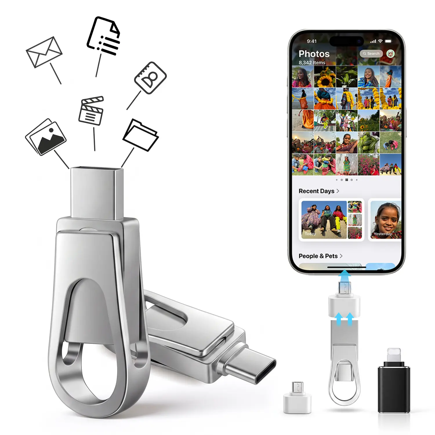 3-in-1 USB C Flash Drive, USB C Memory Stick with Lightning and Micro USB Adapters, Portable Metal Thumb Drive for iPhone & iPad, Android Phones, Tablets and Computers, External Photo Storage and File Backup