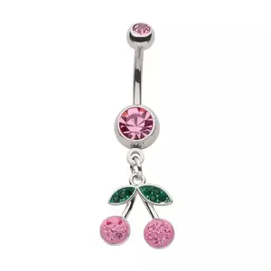 CZ Crystal Pink Cherry Dangling Belly Button Ring - 316L Stainless Steel