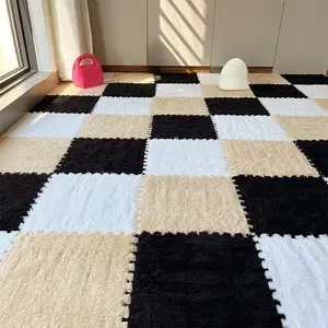 12 Pack Plush Foam Floor Mat Square Interlocking Carpet Tiles with Border Fluffy Play Mat Floor Tiles Soft Climbing for Bedroom Playroom, Home Decor Rugs