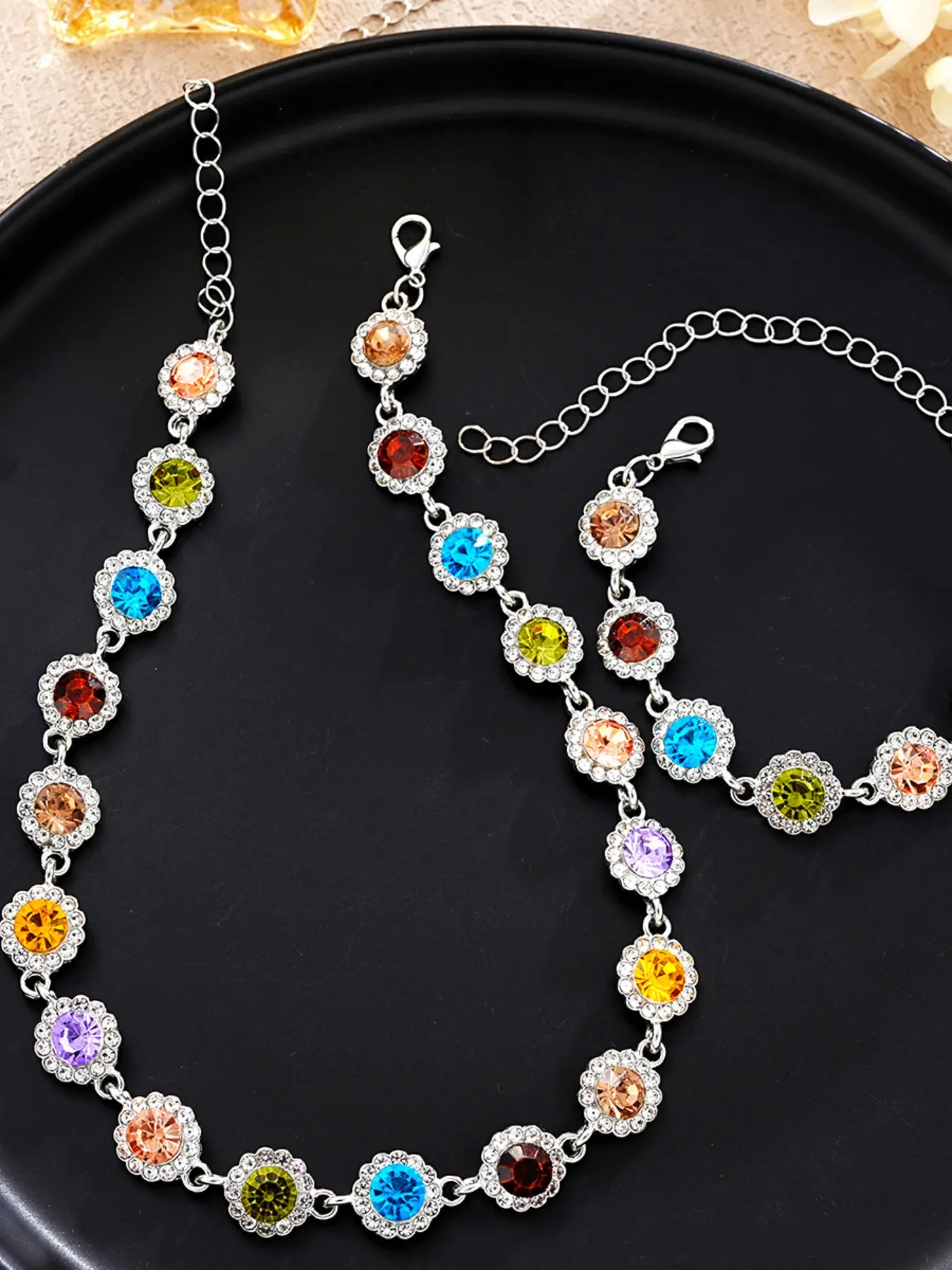 Women's Fashion Colorful Zircon Necklace Bracelet Set, Trendy Matching Jewelry Set, High Class Sparkling Jewelry Set, Elegant Accessories for All Occasions, Fashionable Jewelry Set