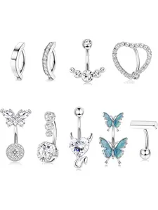 9 Pcs 14G Belly Button Rings Surgical Steel Clicker Belly Rings for Women CZ Butterfly Heart Curved Reverse Navel Rings Body Piercing Jewelry Barbell