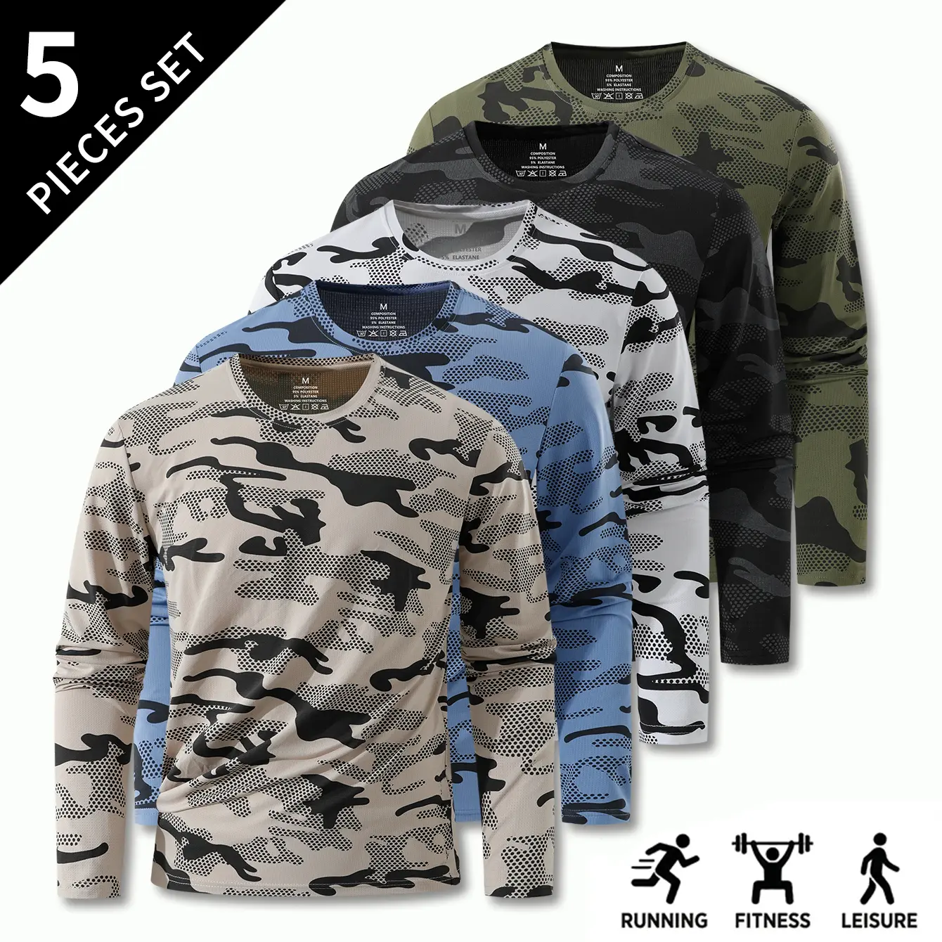 Men's 5-Piece Base Layer Set, Quick-Dry Polyester Blend Compression Gear with Camouflage Pattern and Slight Stretch for Training & Fitness, Base Layers