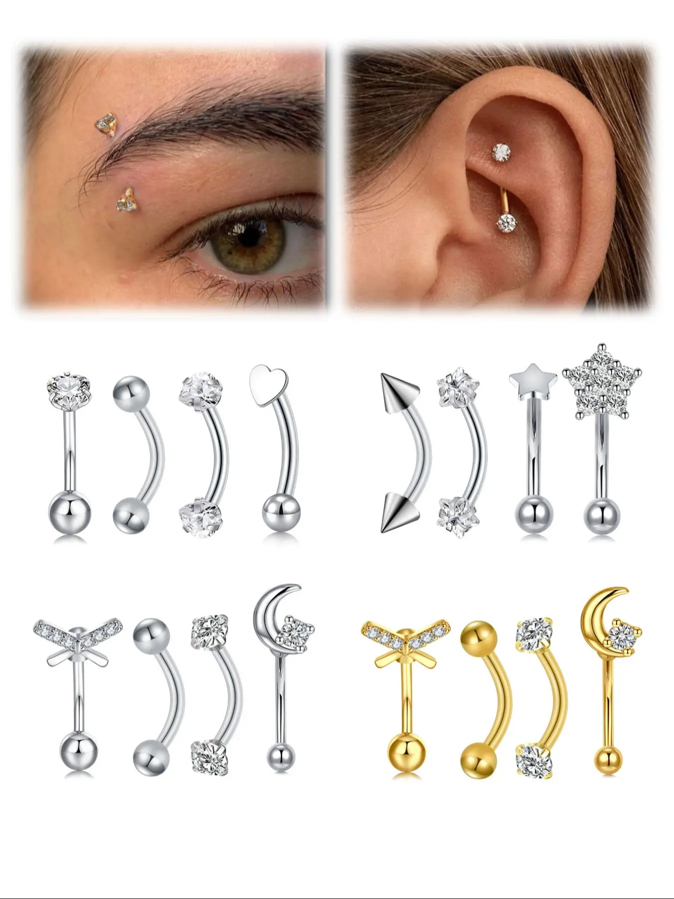 Women's Elegant Eyebrow Studs, Curved Bar Piercing Set, Stainless Steel 16g Rod, Brow Lip Ear Combo, Star Vertical Lip Piercing Jewelry, Body Jewelry