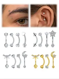Women's Elegant Eyebrow Studs, Curved Bar Piercing Set, Stainless Steel 16g Rod, Brow Lip Ear Combo, Star Vertical Lip Piercing Jewelry