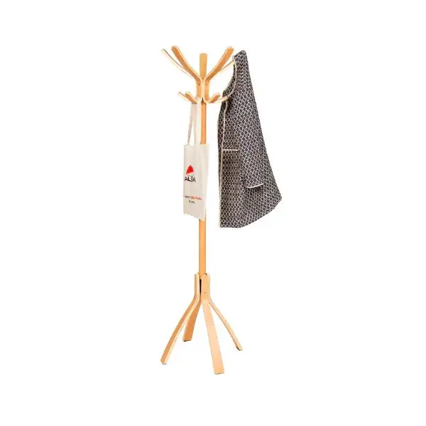 Wooden Coat Rack - Alba Café Freestanding Tool-Free Indoor Natural Wood Furniture with 10 Pegs, Rotating Head, 4-in Wide 4ft Base, Sturdy Standing Coat Rack with Base, Wide Four-Foot Base