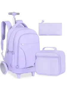 Rolling Backpack for Adults, Large Capacity Wheeled Backpack with Silent Large Wheels, Reflective Strip, 3PCS Roller Bookbag Set with Lunch Bag Pencil Case, Rolling Laptop Bag for Work Travel College, Lavender