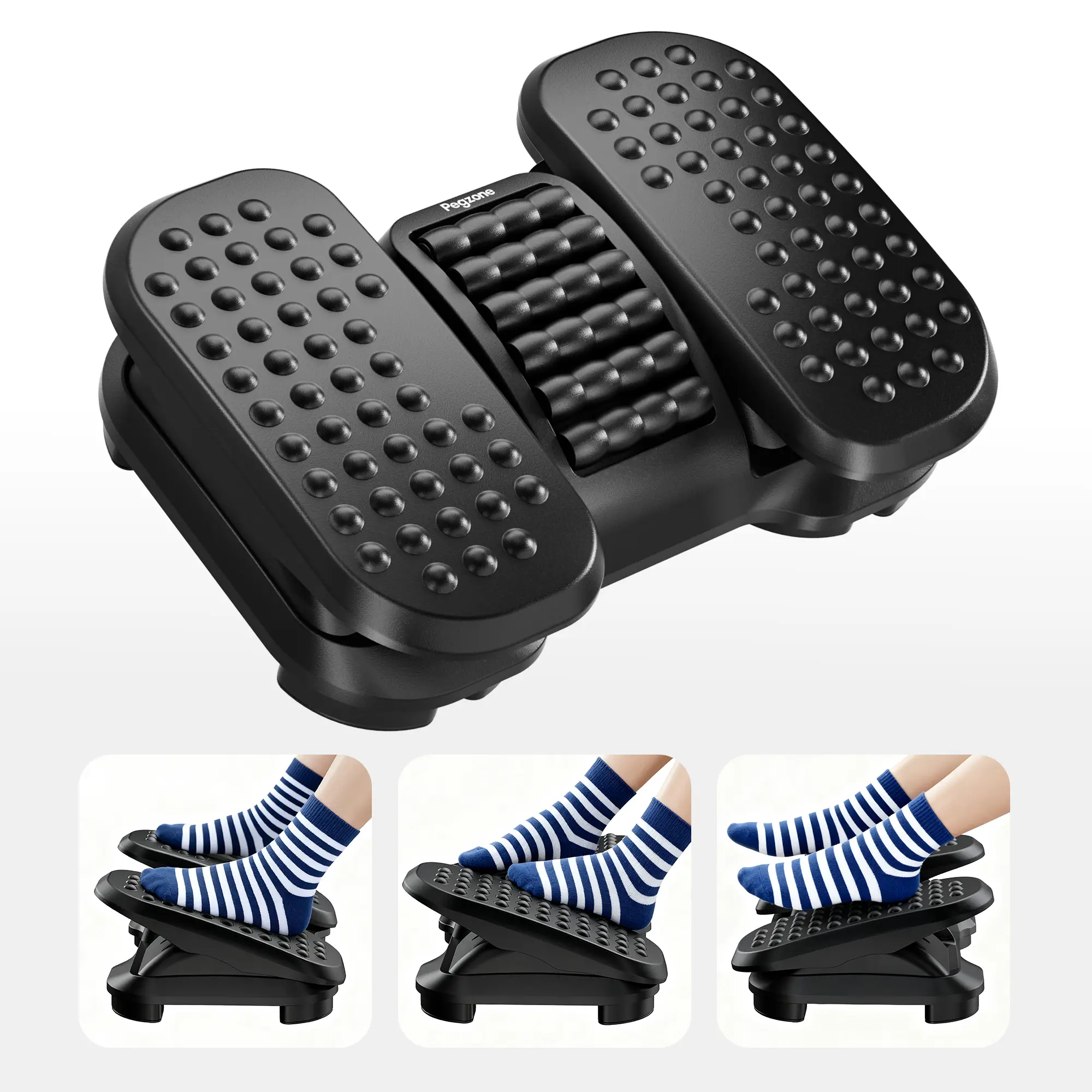 PEGZONE Foot Rest Under Desk with Massage Rollers, 2-Height Adjustable Foot Stool for Office & Home, Black