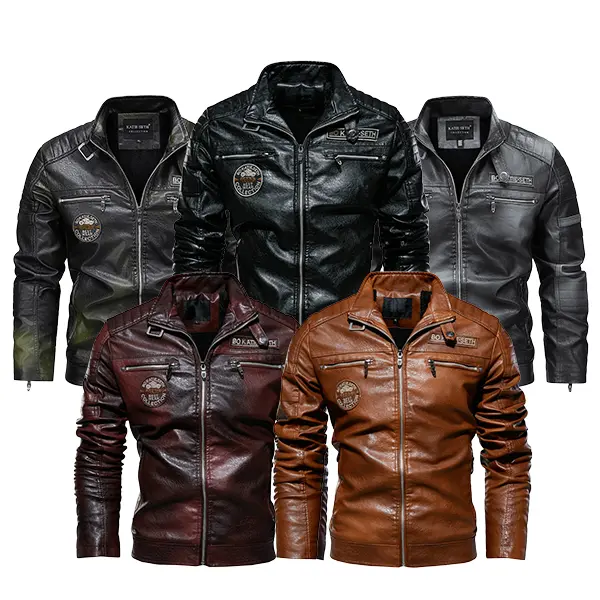 Men’s American vintage biker leather jacket with patches, multiple color options, stand collar, zip closure, cargo pockets; casual faux leather riding jacket Faux Menswear Coats Tops