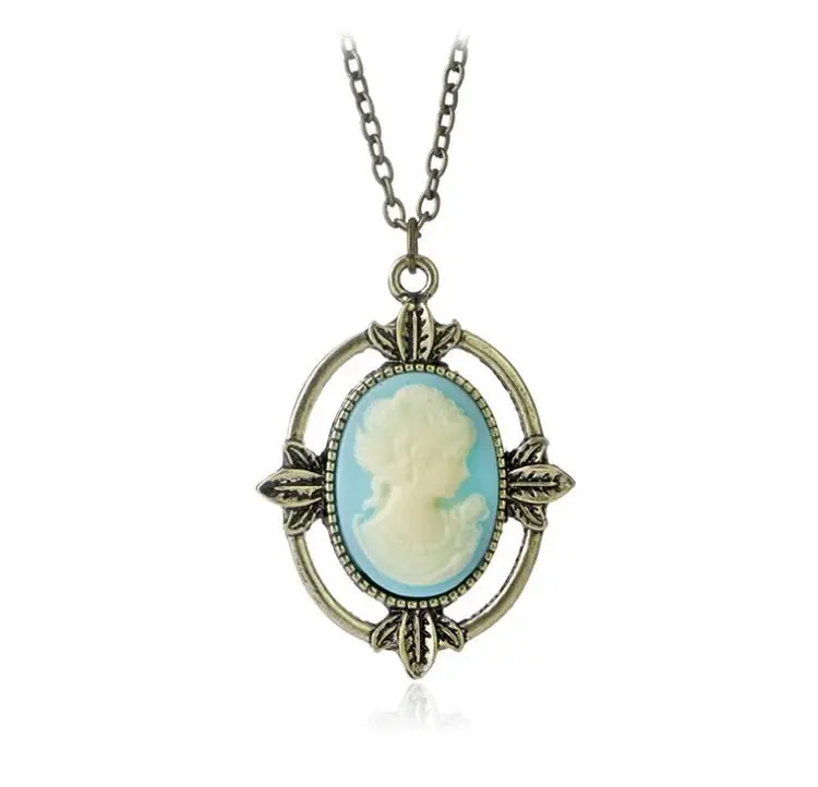 New Vintage Style Bronze Light Blue Cameo Necklace The Vampire Diaries Katherine Beauty Head Pendant Necklace for Women