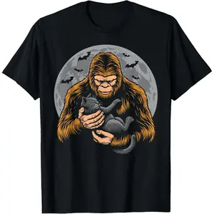 Cotton Graphic Tees Streetwear Gifts  Bigfoot Halloween funny bigfoot holding cat Kitty sasquatch T-Shirt