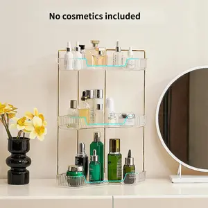3-tier corner bathroom countertop storage organizer, Bathroom Accessory, transparent countertop shelf rack, cosmetic and perfume tray stand with a gold metal rod, suitable for dressing tables and kitchen use