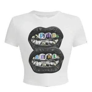 American Style Hot Girl Tops T-Shirts Fast Fashion Belly Button Tops for Women Trendy Cool Lips Pattern Women's Clothing Crewneck Casual Summer Streetwear Womenswear Tshirt