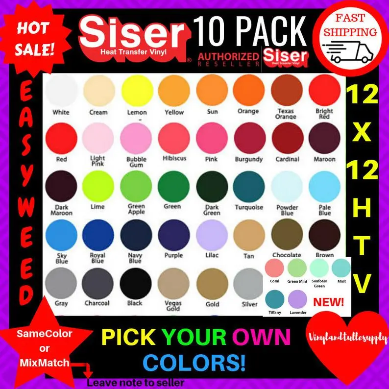 Siser EasyWeed Colorful Heat Transfer Vinyl Variety Pack, 12" x 12" 10 Sheets, Low Temp Peel, Cricut Compatible Arts and Crafts Supplies for DIY Enthusiasts, Cotton/Polyester Blends Friendly, Iron-Safe, Normal-Dry Durable