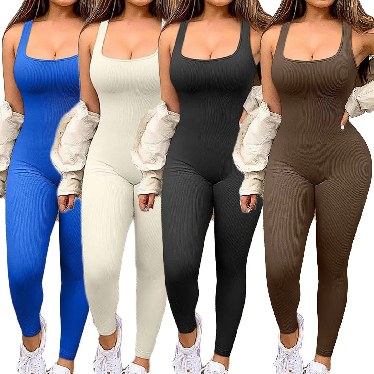 Women's Seamless Ribbed Yoga Jumpsuit Sleeveless U-Neck Sports Bodysuit High-Waisted Long Pants Athletic One-Piece Activewear for Gym Workout gymwear leisurewear