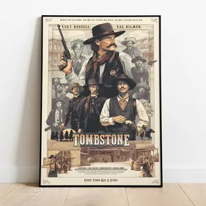 Custom Tombstone Poster Unframed Wall Art - Illustration of Classic Western Film Starring Kurt Russell and Val Kilmer gifts for him action movies(Note: Frame shown for display only) Decor Print