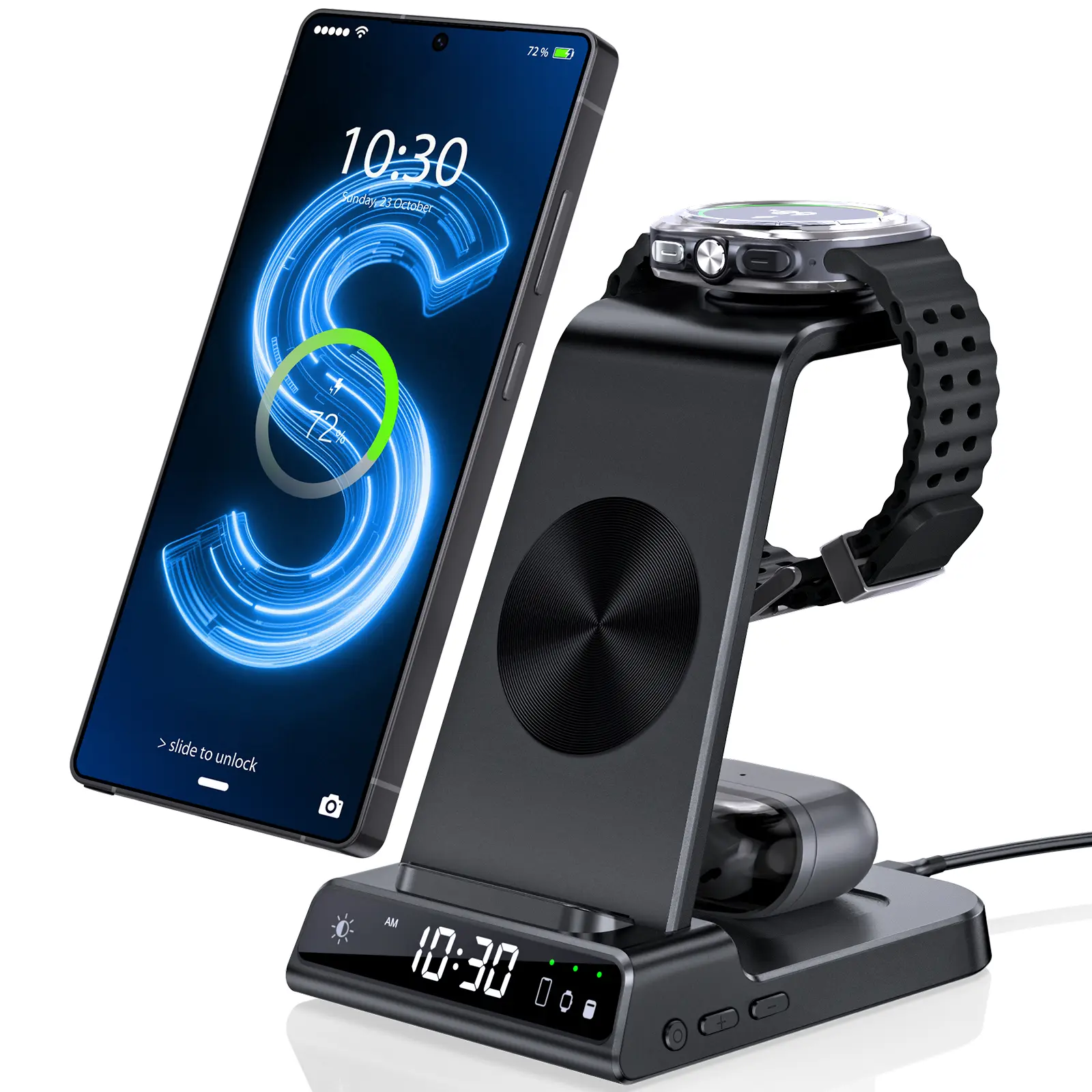 3-in-1 Wireless Charger for Samsung and Apple Devices – Features LED digital clock and charging icon display, 3-level brightness adjustment, portable and easy to store; a great TikTok gift idea, perfect for the back-to-school season.
