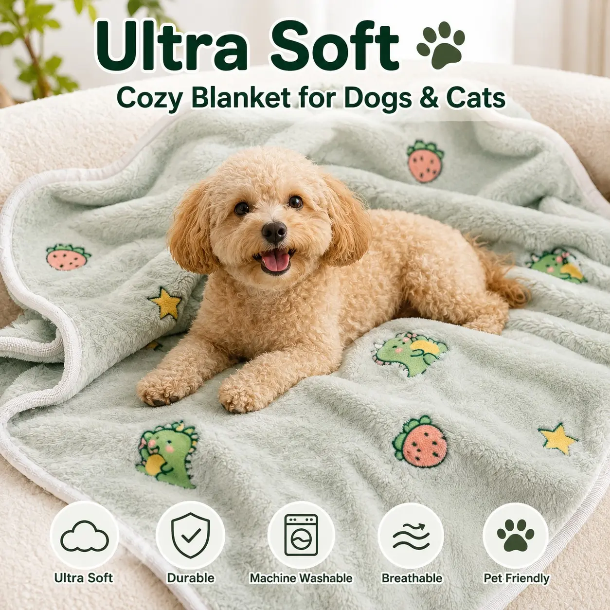 Cute Plush Pet Blanket for Dogs & Cats, Soft Warm Washable Puppy Cat Sleeping Mat, Cozy Flannel Blanket for Pets, Puppy Blankets