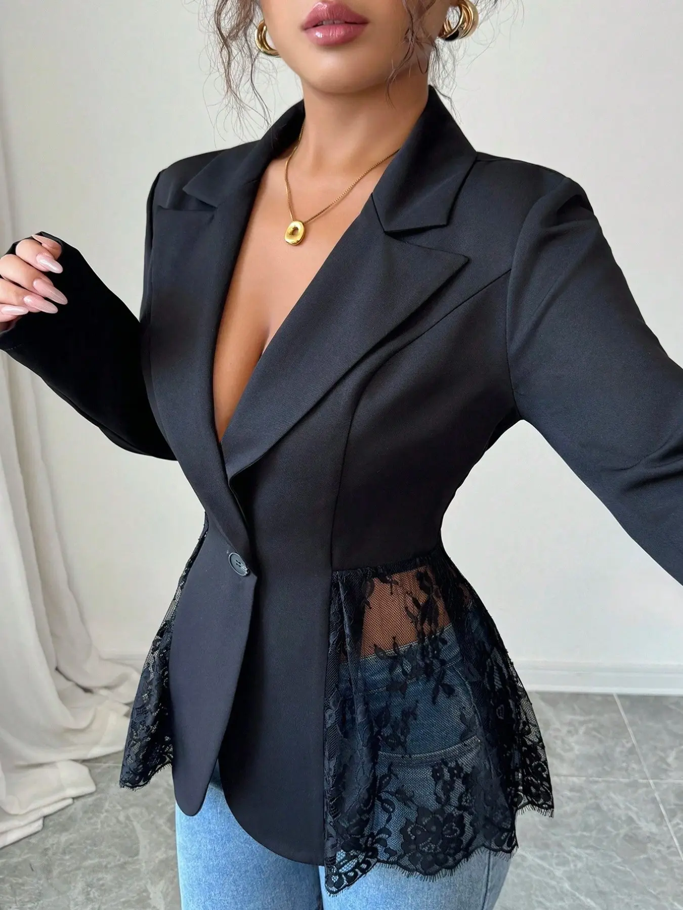 Women's Lace Patchwork Cropped Blazer Jacket, Deep V Neck Slimming Design, Western Style Elegant Look, Perfect for Commuting & Dates