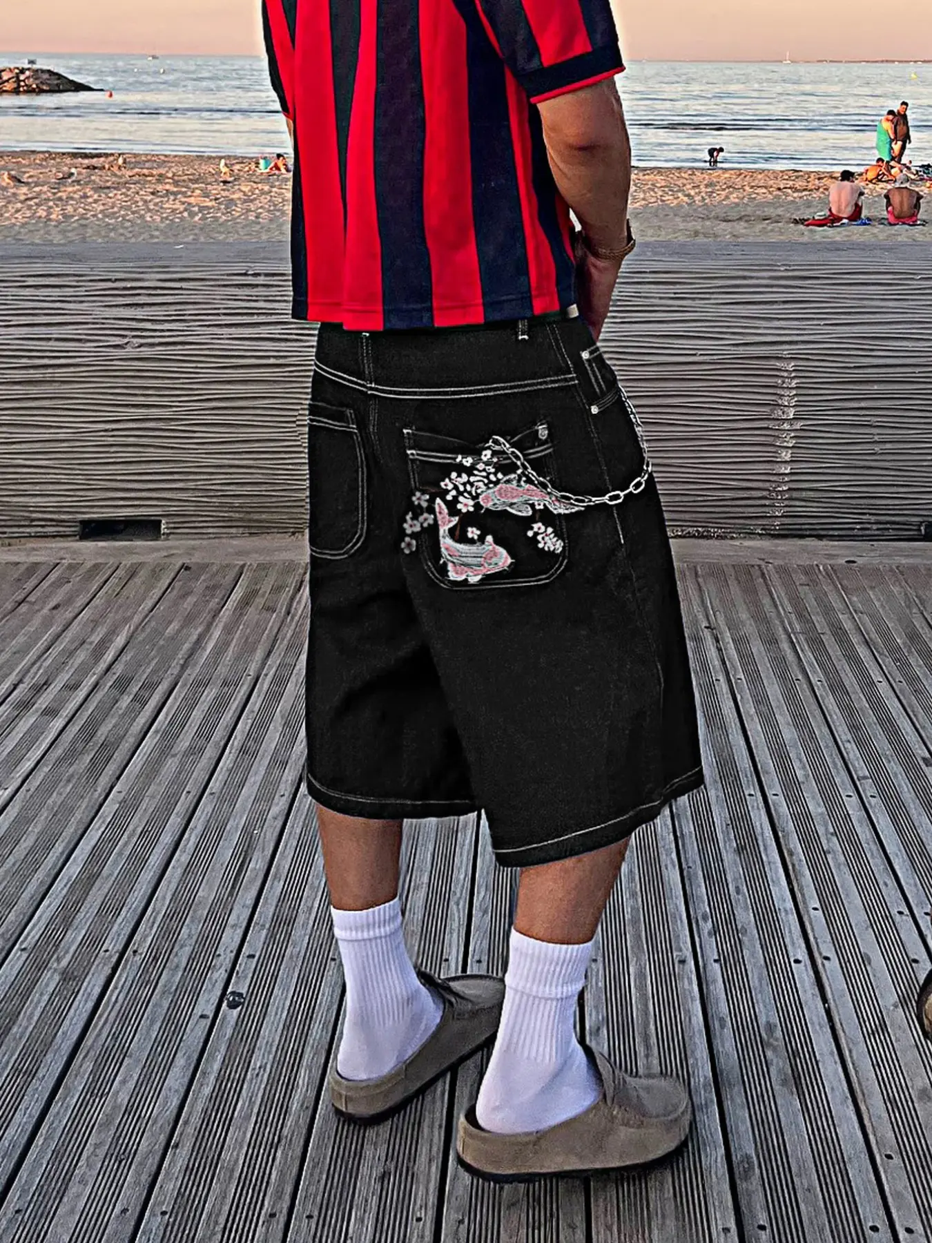 Men's Bermuda Shorts, Embroidered Shorts, Summer Fashion Denim Capri Pants, Vintage Y2K Style, Animal Fish Embroidery, Loose Fit, Mid Waist, Casual Gift
