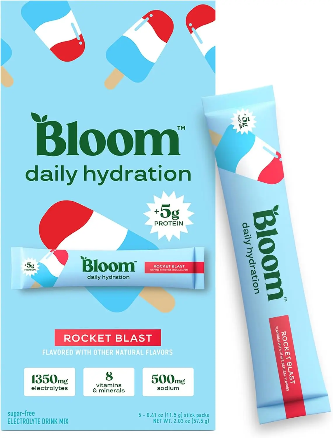 Bloom Nutrition Hydration Electrolyte Sticks, Rocket Blast, 5 Count Electrolytes with Collagen, 5g Protein, Vitamins & Minerals, Sugar Free Drink Mix