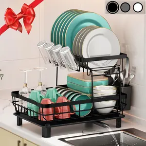 Dish Drying Rack, 2-Tier Stainless Steel Dish Racks for Kitchen Counter, Large Capacity Dish Rack with Removable Utensil Holder, Dish Drying Rack with Drainboard for Kitchen Sink(Black)