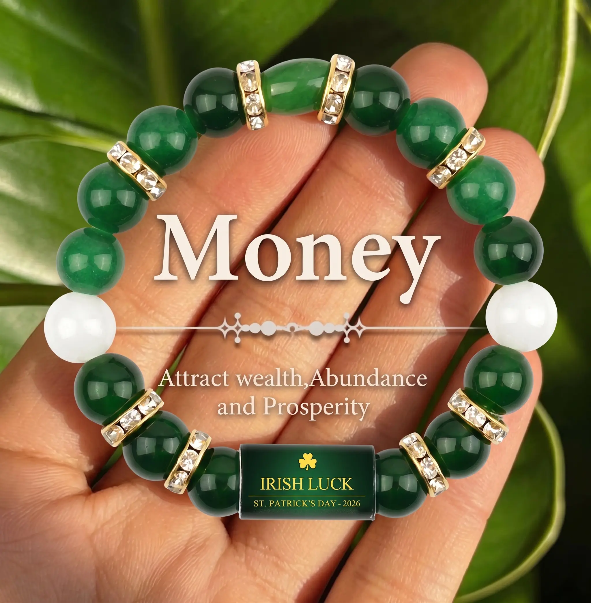 Irish Luck St. Patrick's Day Bracelet, Green Agate Lucky Clover Beaded Bracelet with Rhinestones, Luck Bracelet - Attract Wealth, Abundance and Perfect Good Luck Gift, Best Gift Fot Him Her