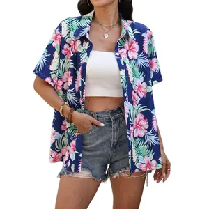 Women's Hawaiian Shirt  Floral Hibiscus Print Short Sleeve Button Down Blouse  Casual Tropical Beach Aloha Top for Summer Vacation