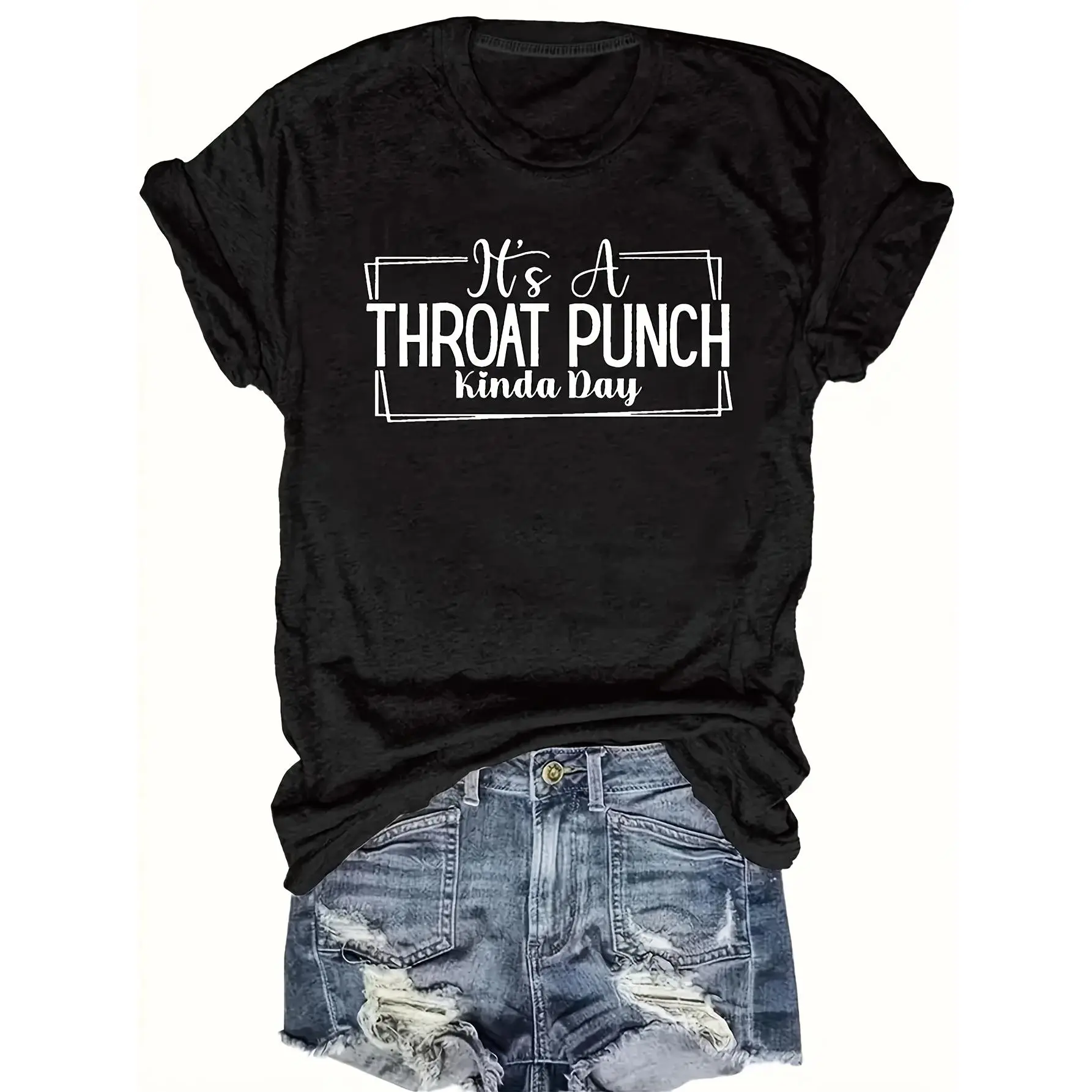 Women's "Throat Punch" Graphic T-Shirt, Casual Round Neck Streetwear Top with Geometric Pattern, Soft and Comfortable for Everyday Wear, Graphic Print, Machine Wash, Regular Fit, Relaxed Look, Custom Printed Torso Women's T-Shirts, Bold Slogan Print Women
