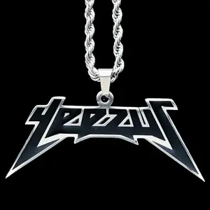Black Yeezus Necklace 1.5" Mirror Polished Pendant Laser Carved Stainless Steel Chain Black Enamel Pendant Free Gift Included