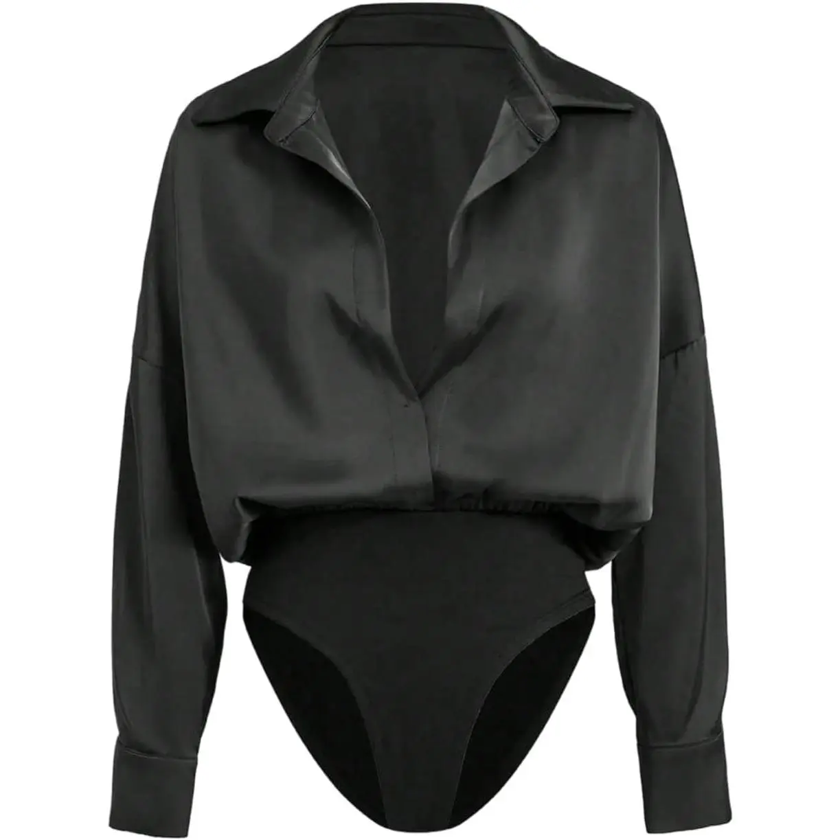 Women's Sexy Satin Leotard, Solid Deep V Neck Bodysuit with Long Sleeves, Button-Down Shirt Top for Party Night, Shirts, Satin Fabric