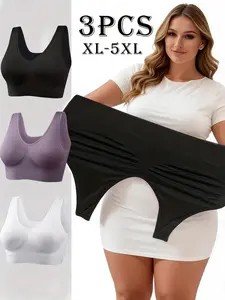 3-Pack Plus Size Women's Seamless Full-Coverage Wireless Bras, Ultra-Soft Wide Straps Double Layer Removable Padding, High Elasticity Breathable Sports Bra Tops for Gym Workout Running Yoga All Seasons (1XL-5XL)