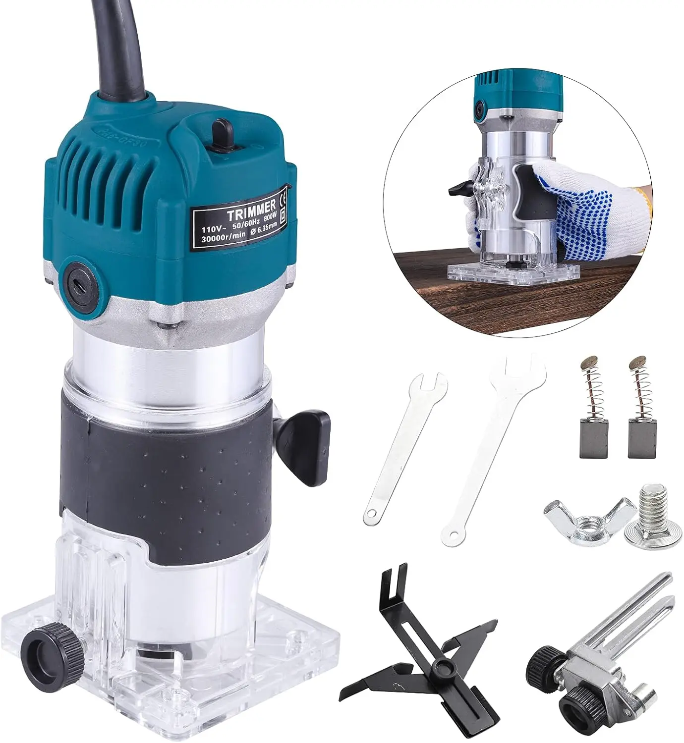 Wood,Tool Wood Trimmer Electric Hand Trimmer Laminate Milling Engraving Hand Machine Joiner Tool Electric for Slotting Trimming Carving 110V 800W 30000R/MIN(Blue)