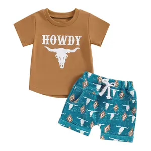 Baby Boy Western Clothes Summer Outfit Cow Cattle Print Short Sleeve T-Shirt Tops with Shorts Toddler Cowboy Sets